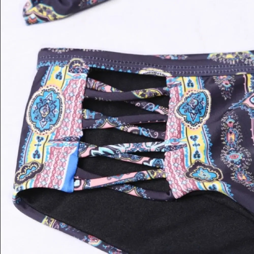 Tribal Print Criss Cross Bikini Cutout Two Piece Swimsuit Boho Beach